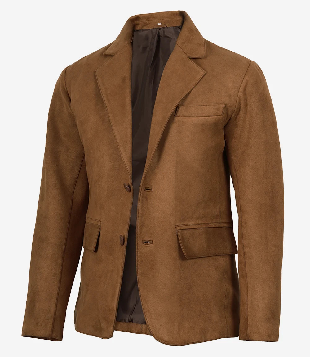 Men's Light Brown Faux Suede Blazer Jacket – 2-Button Notch Lapel