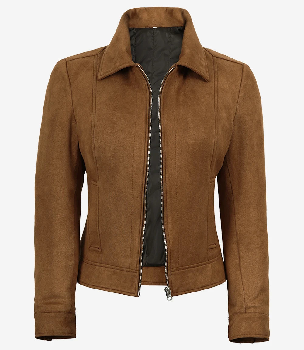 Womens Shirt Collar Light Brown Faux Suede Jacket