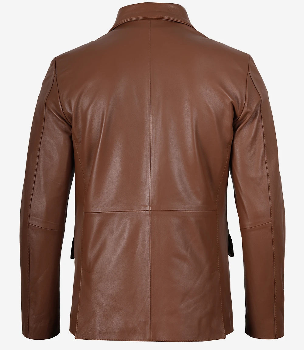 Mens Two Button Cognac Leather Blazer - Notch Lapel