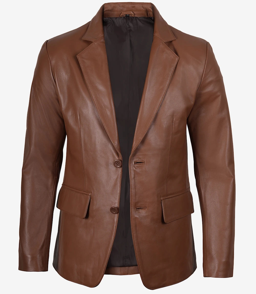 Mens Two Button Cognac Leather Blazer - Notch Lapel