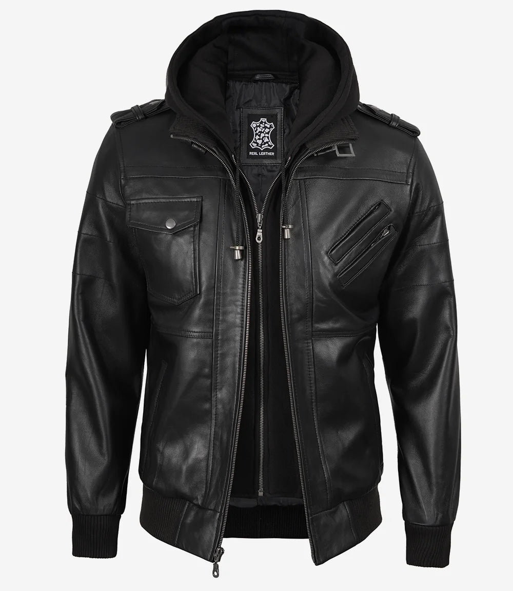 Mens Tall Black Leather Bomber Jacket with Removable Hood