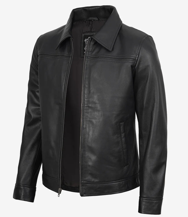 Mark Men's Black Leather Shirt Collar Jacket