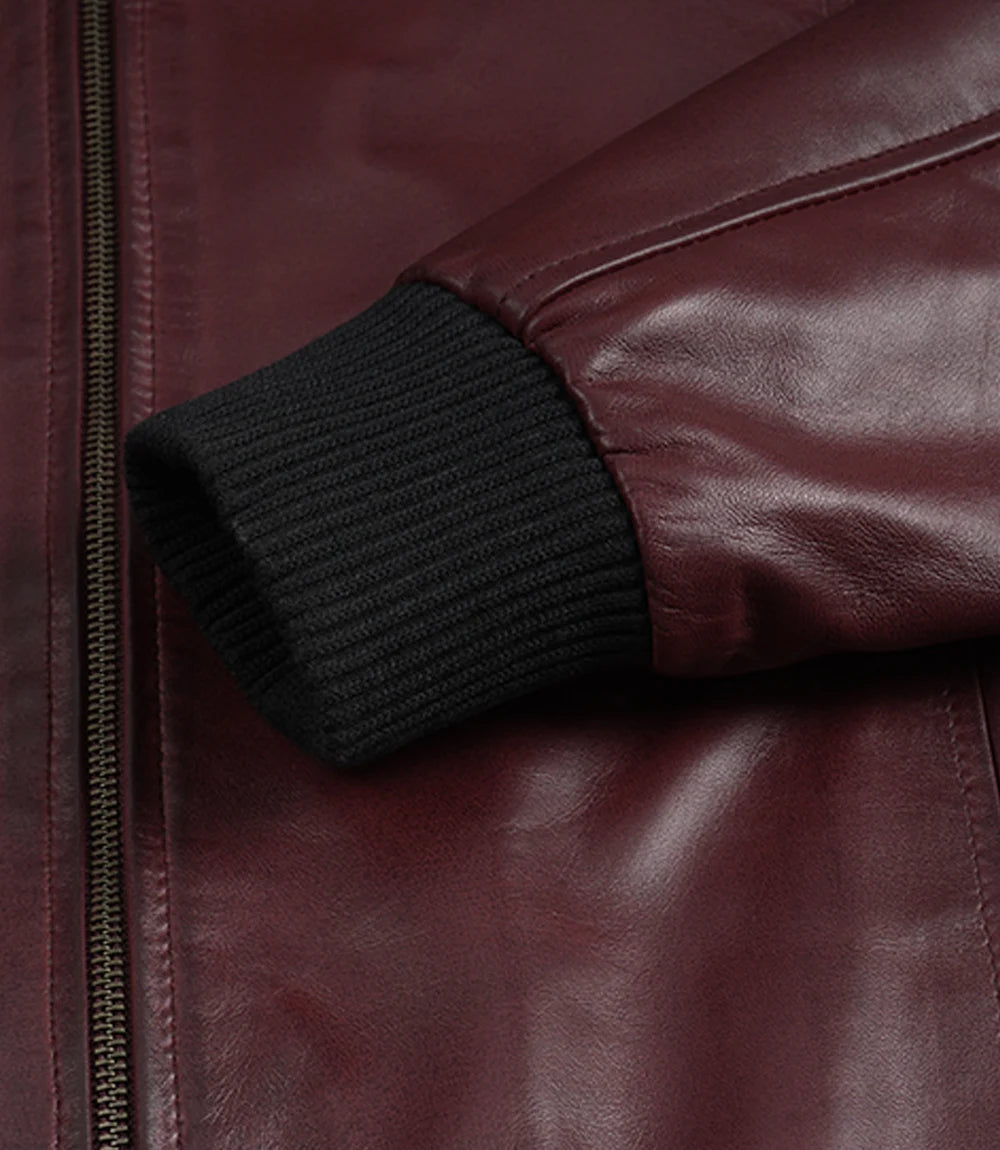 Men's Maroon Waxed Leather Bomber Jacket with Shirt Collar