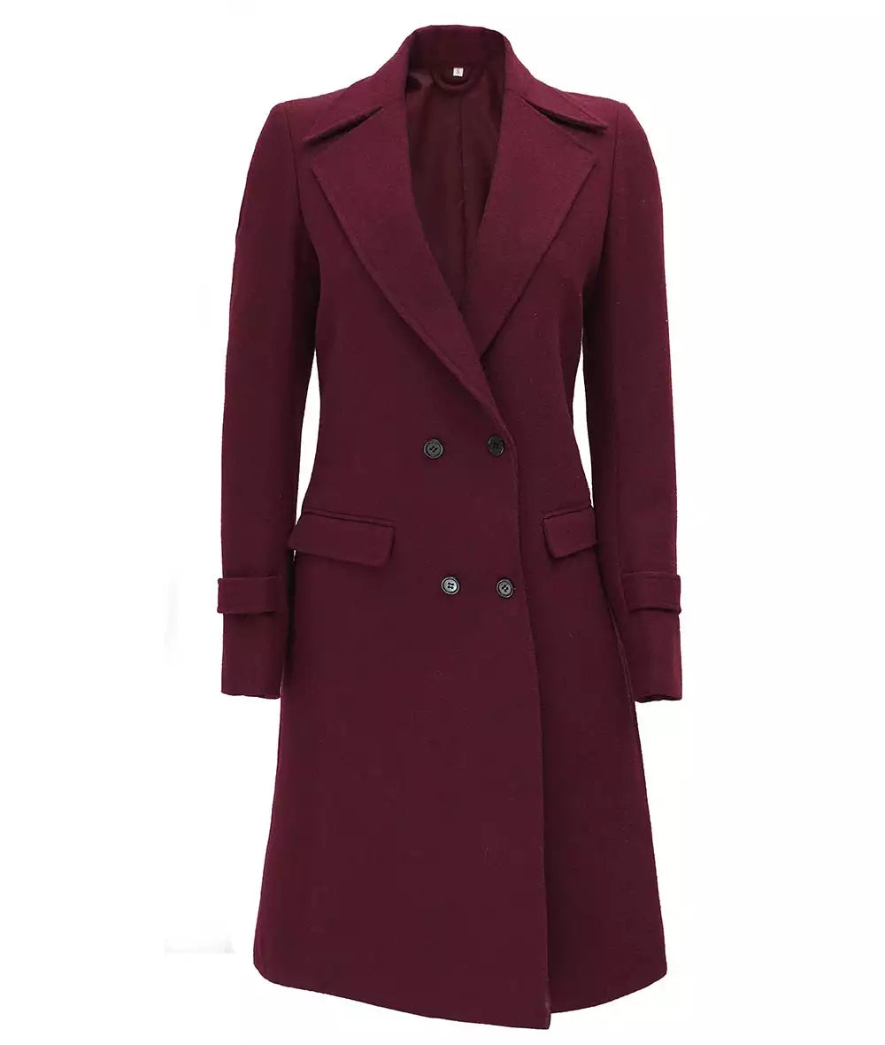 Womens Double Breasted Wool Coat Maroon
