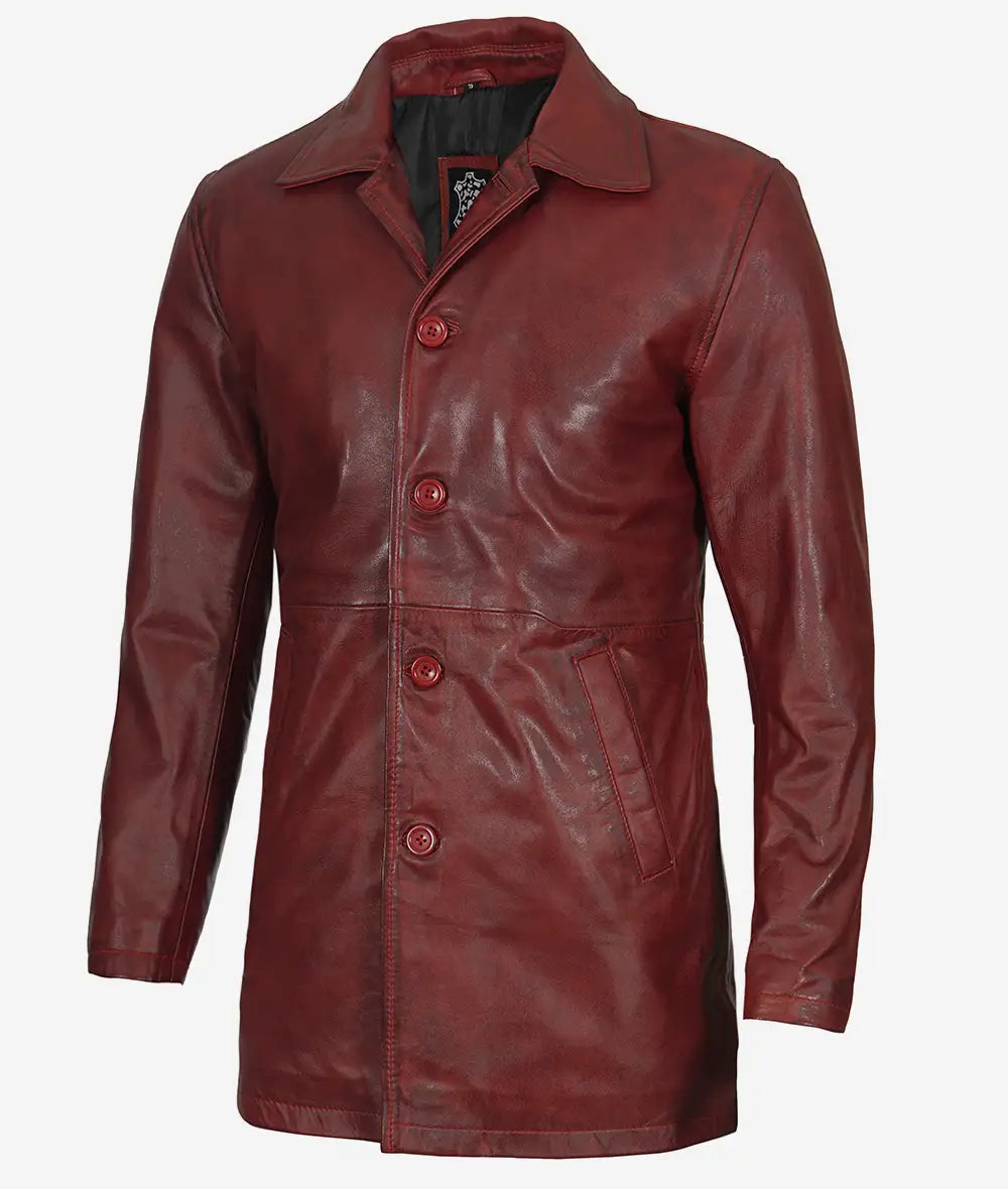 Distressed Leather Maroon Coat Mens