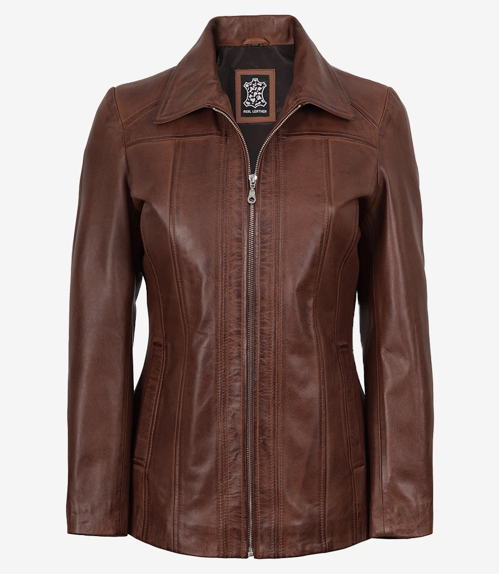 Marsha Womens Cognac Leather Car Coat