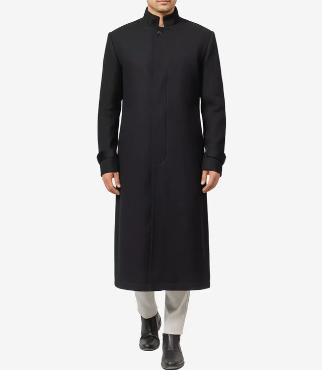 McGhee Men's Erect Collar Black Wool Trench Coat