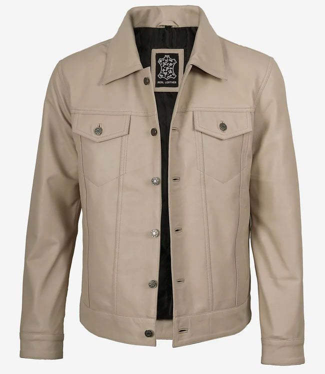 Men's Real Lambskin Leather Beige Trucker Jacket