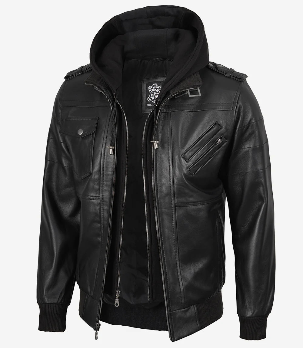 Mens Tall Black Leather Bomber Jacket with Removable Hood