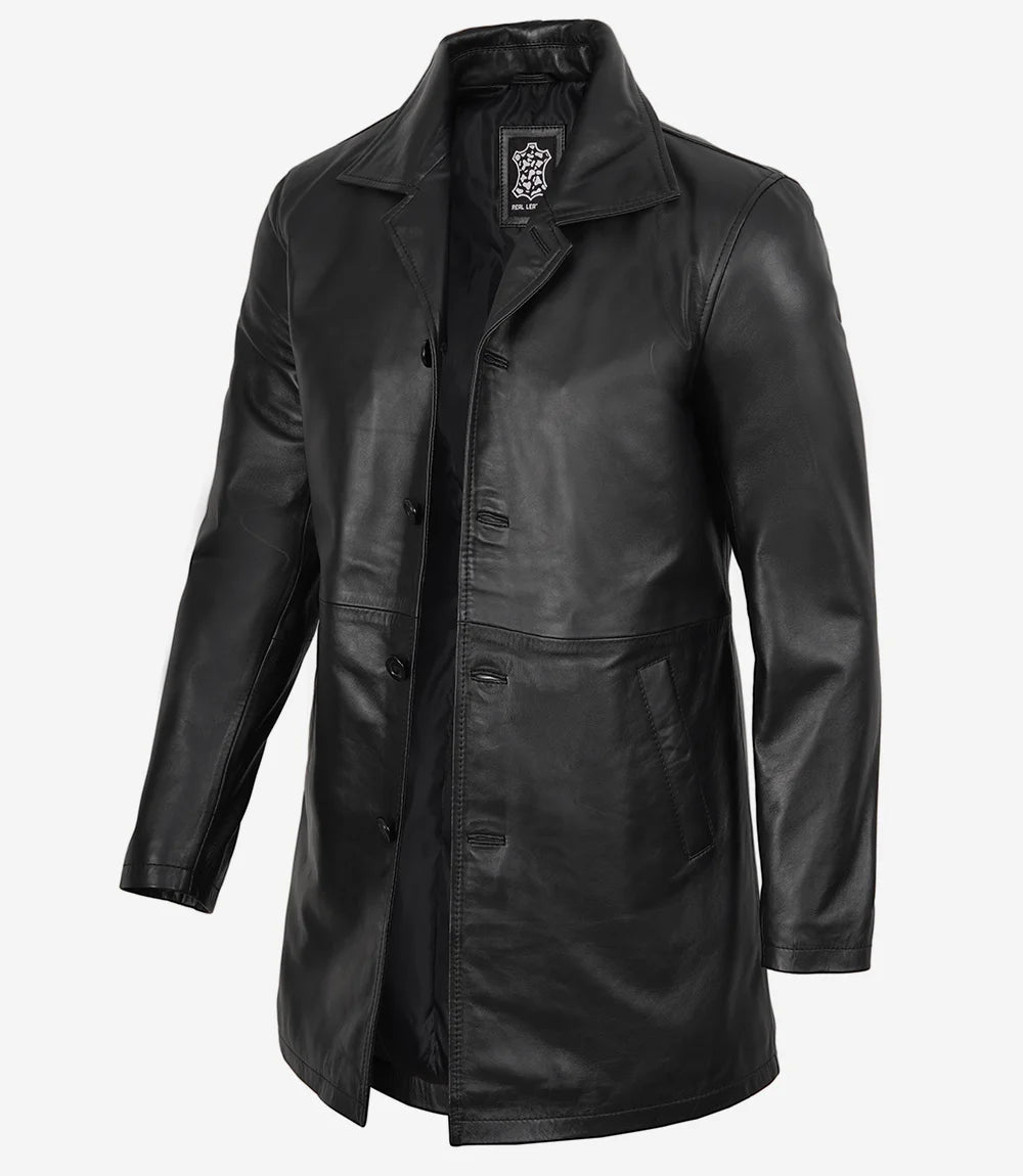 Men's 3/4 Length Lambskin Leather Black Car Coat