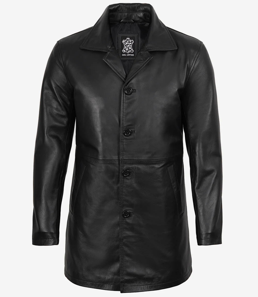 Men's 3/4 Length Lambskin Leather Black Car Coat
