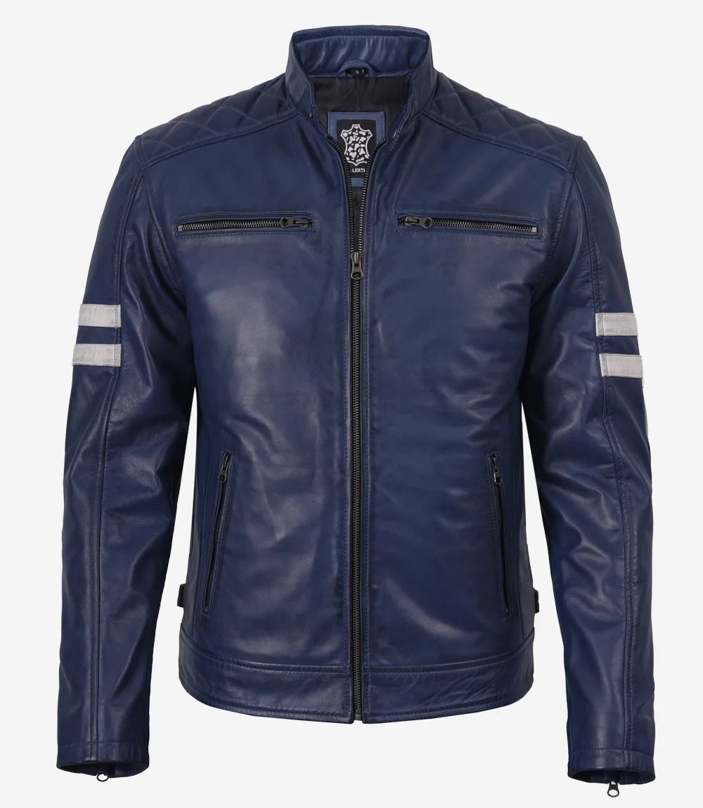 Men's Blue Waxed Leather Biker Style Jacket With White Stripes