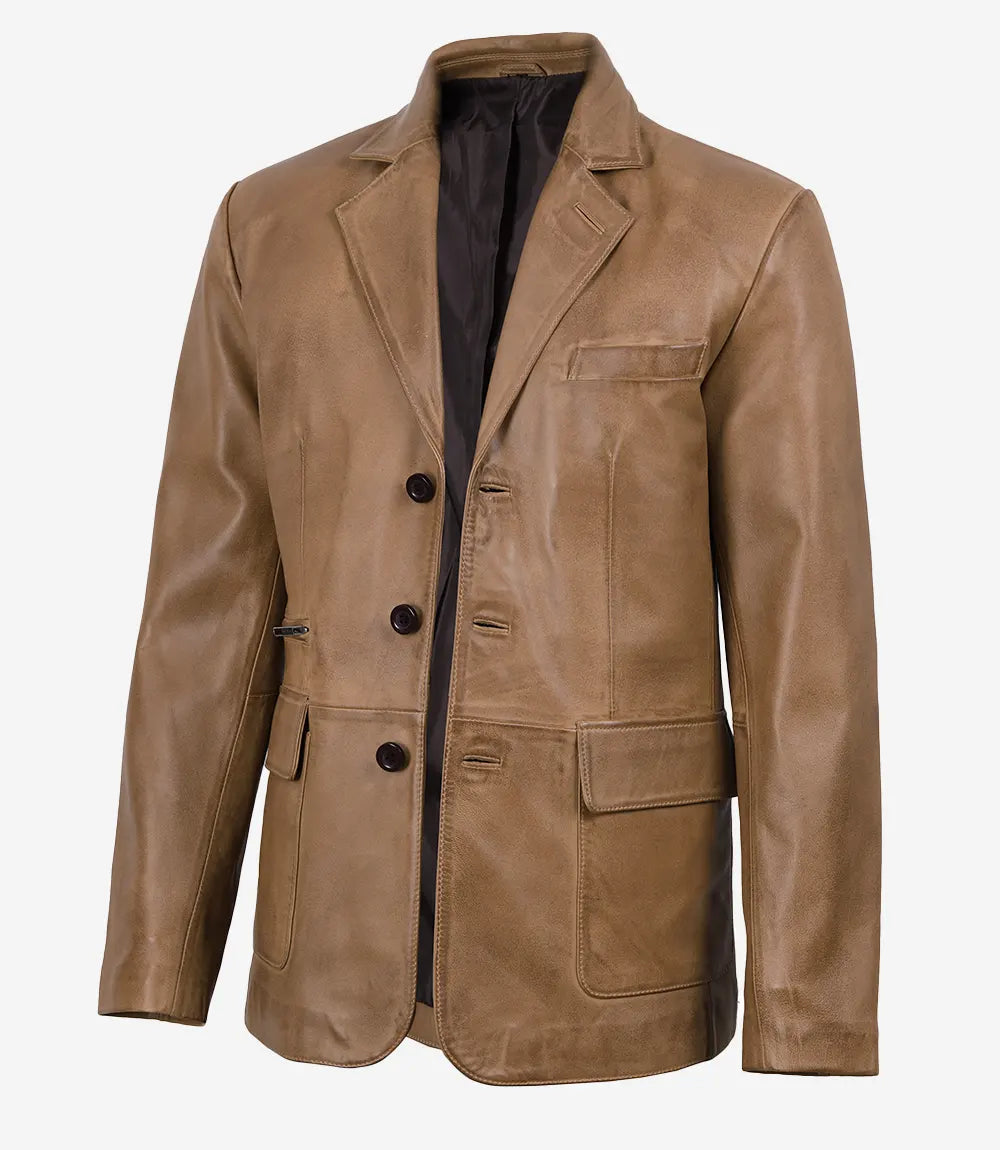 Men's Camel Waxed 3 Button Leather Blazer