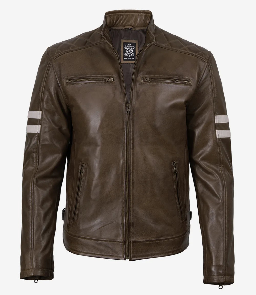 Men's Coffee Waxed Leather Biker Jacket With White Arm Stripes