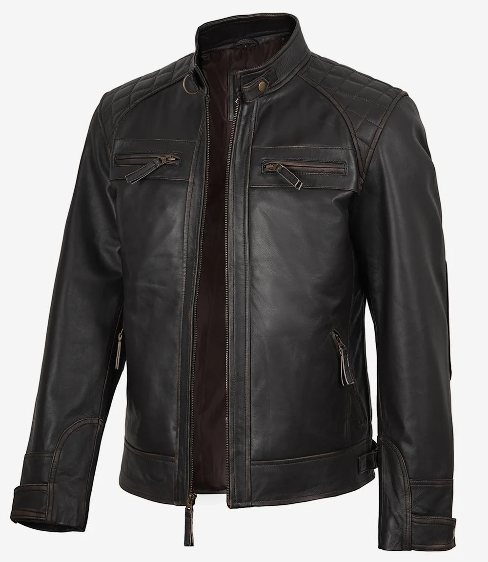Men's Distressed Brown Biker Style Leather Jacket - Quilted Shoulder