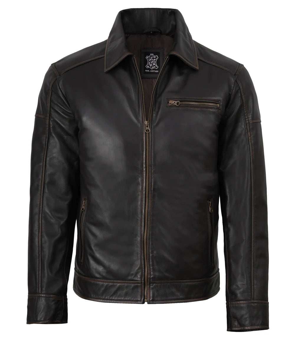 Men's Dark Brown Rub Off Leather Harrington Jacket
