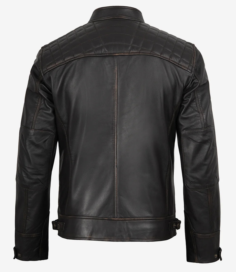 Men's Tall Distressed Brown Leather Biker Style Jacket - Quilted Shoulder