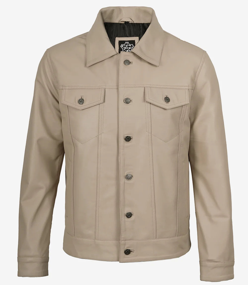 Men's Real Lambskin Leather Beige Trucker Jacket