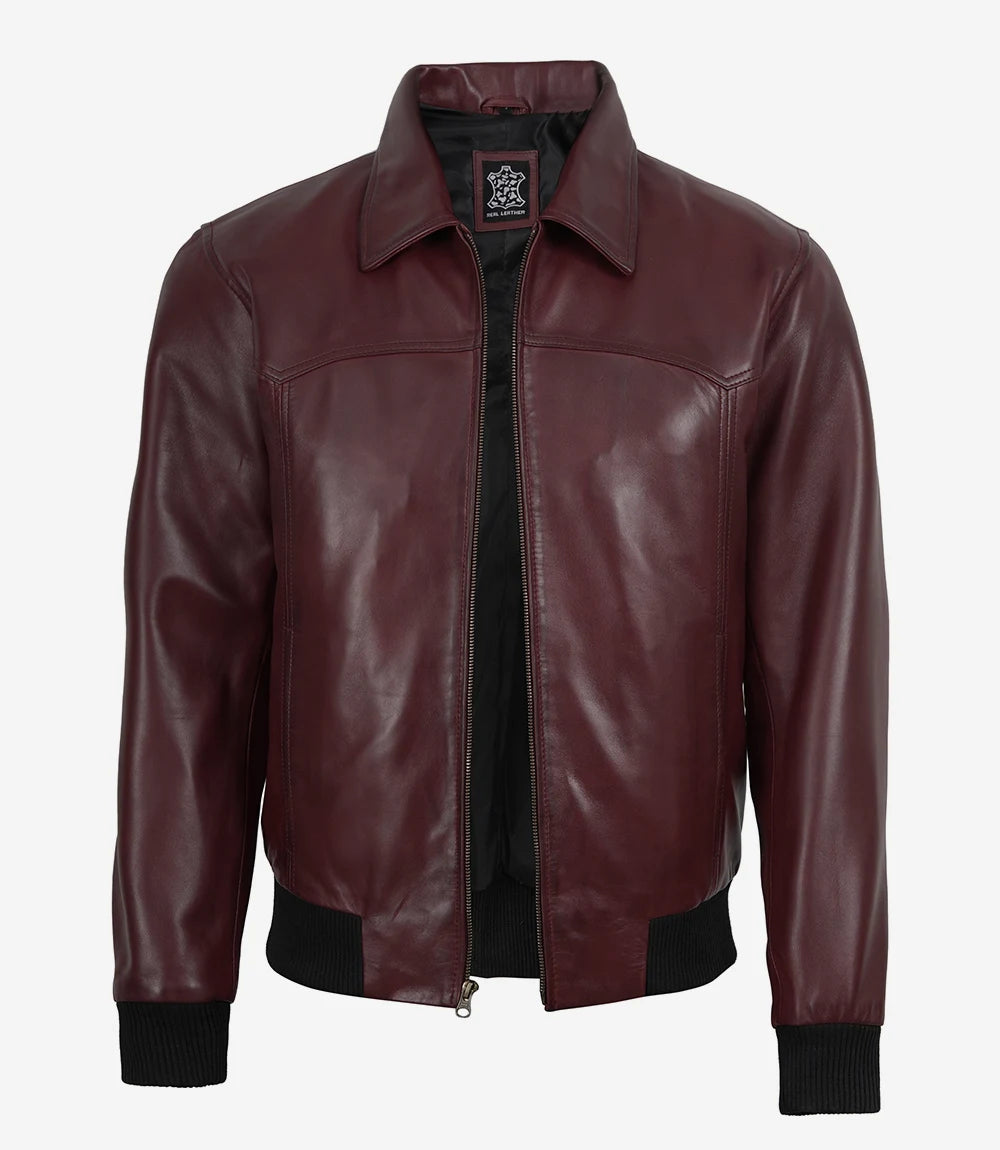 Men's Maroon Waxed Leather Bomber Jacket with Shirt Collar