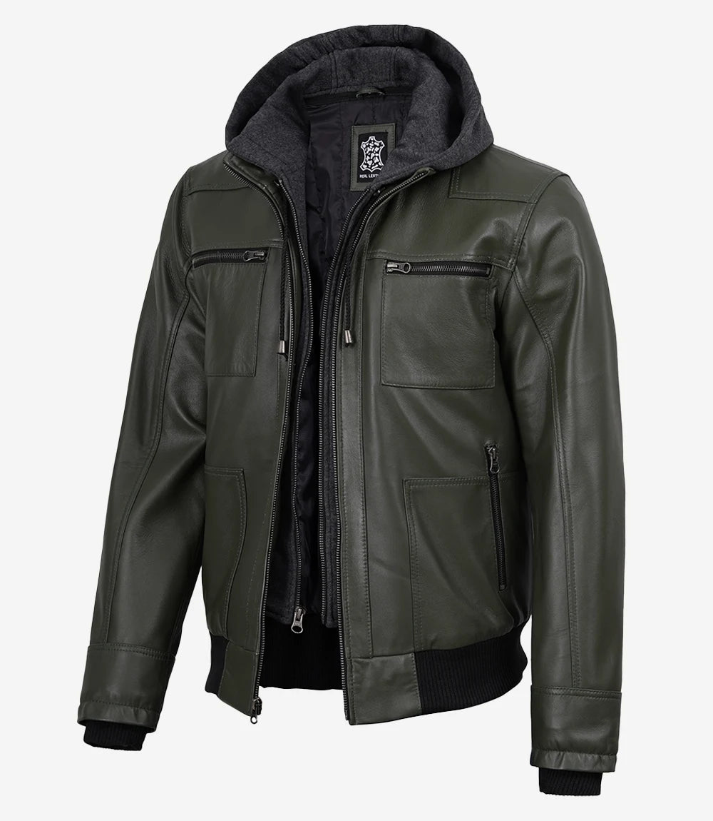 Men's Olive Green Leather Jacket With Removable Hood