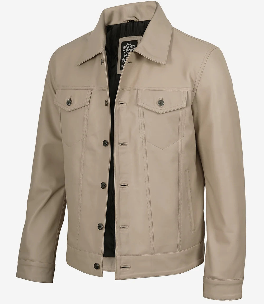 Men's Real Lambskin Leather Beige Trucker Jacket