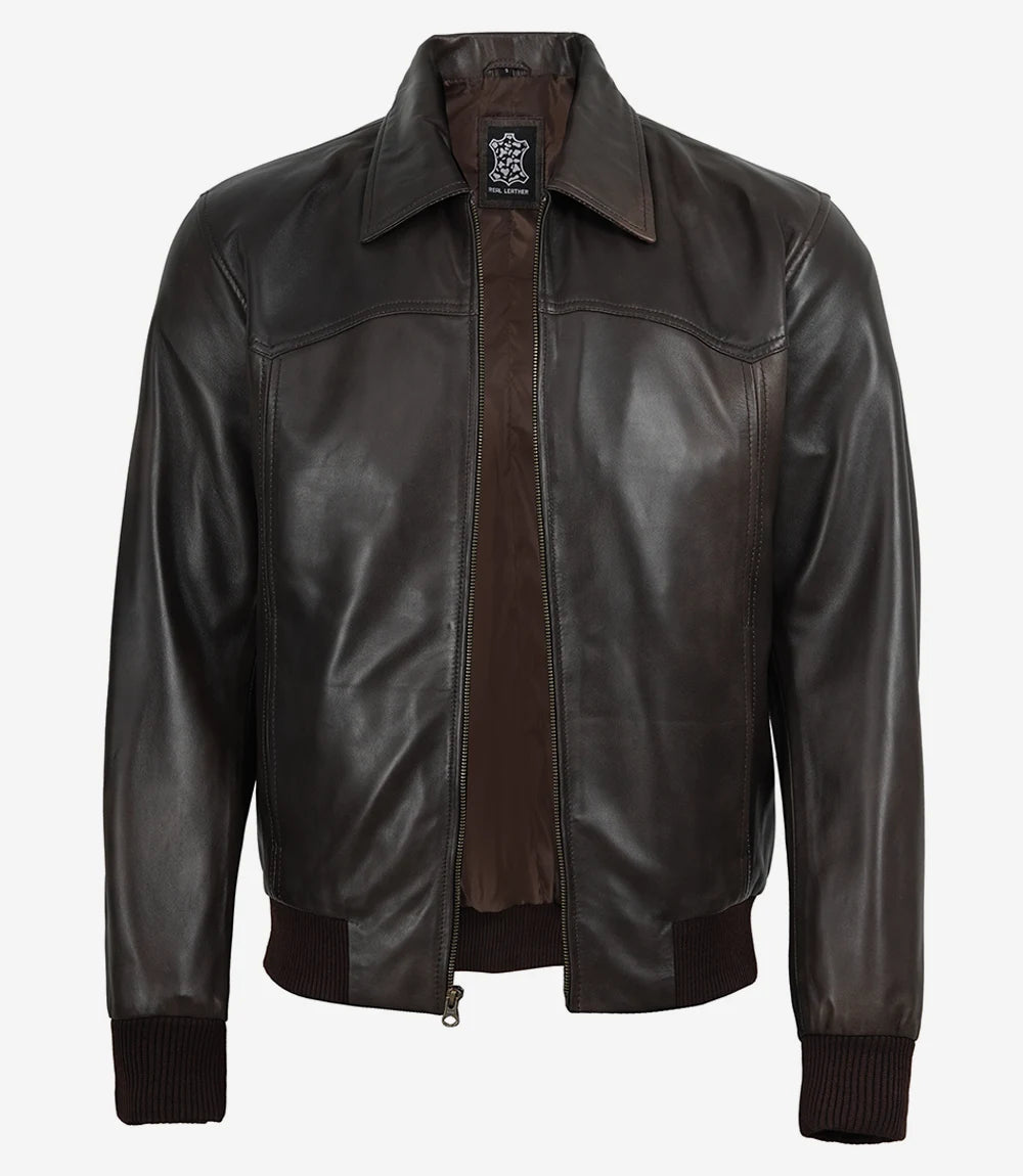 Men's Vintage Brown Leather Bomber Jacket with Shirt Collar