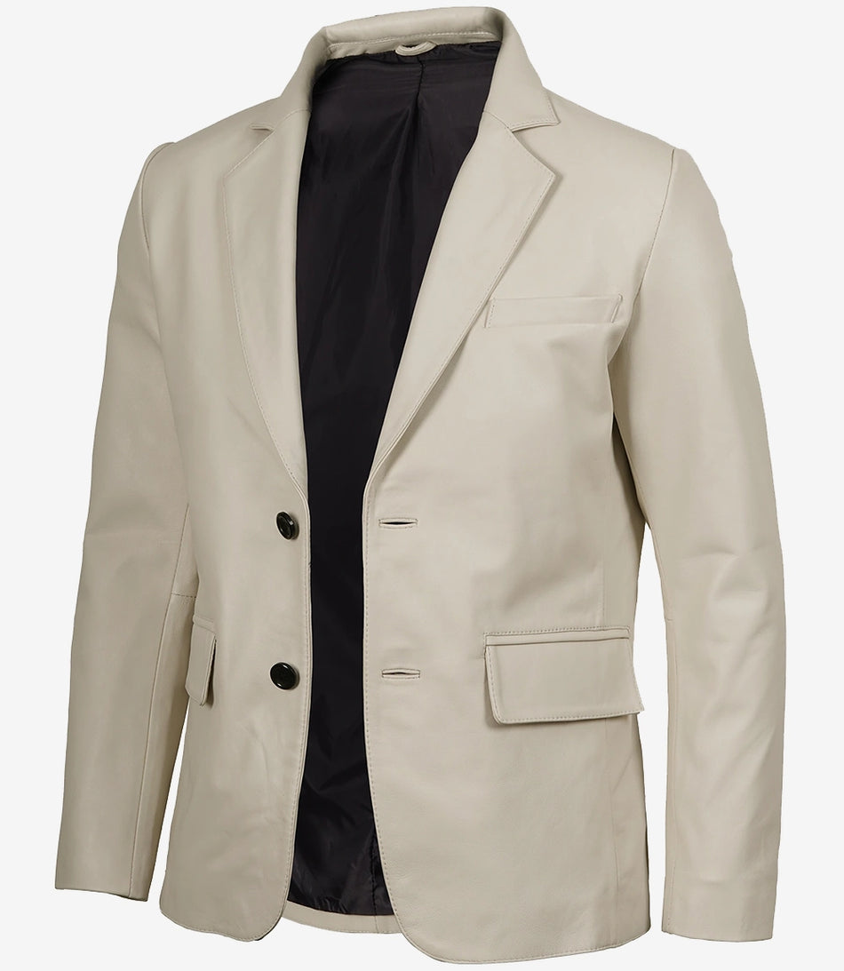 Men's Two Button Notch Lapel Off White Leather Blazer