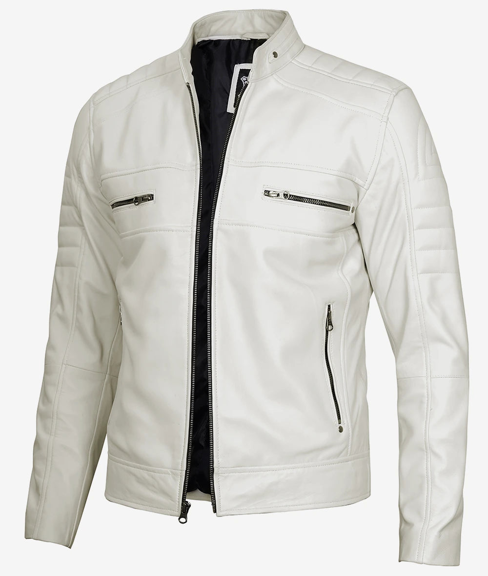Mens White Cafe Racer Leather Jacket