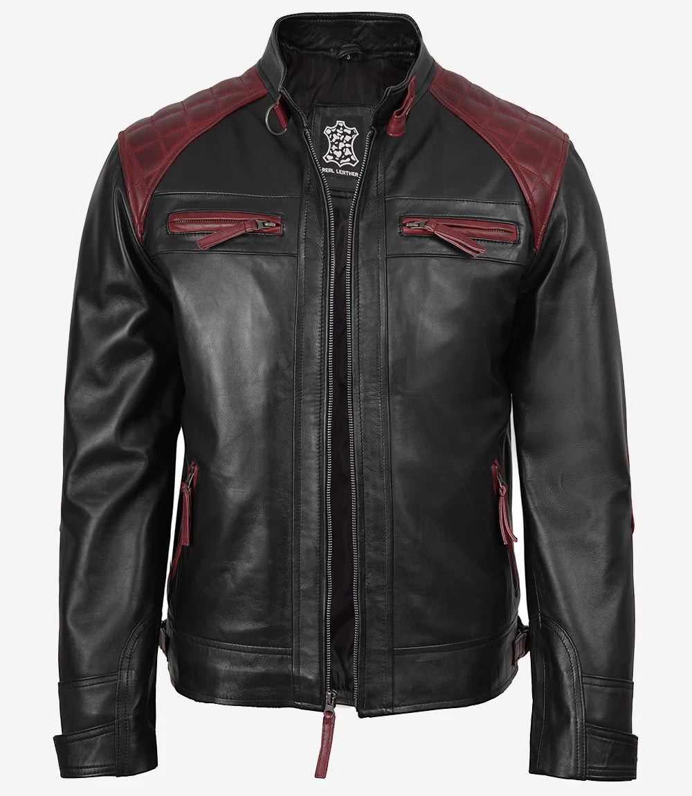 Men's Black and Maroon Biker Style Leather Jacket - Quilted Shoulder