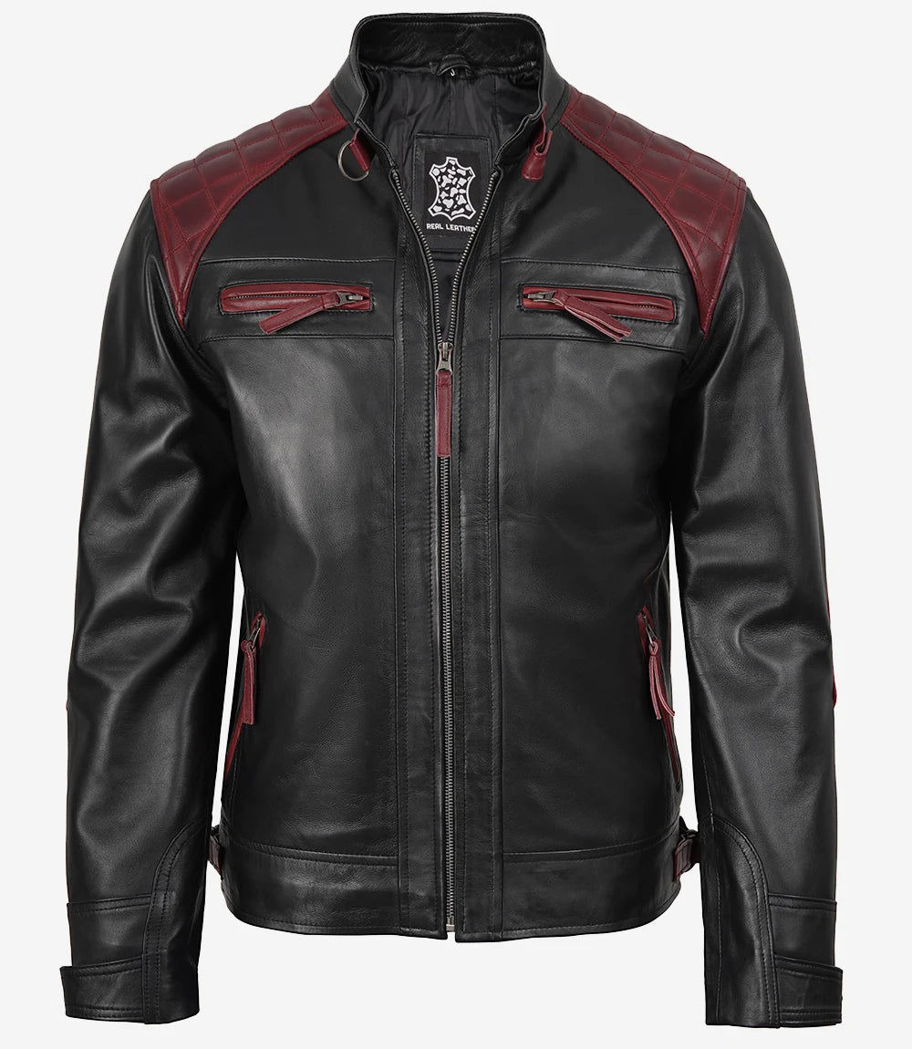Men's Black and Maroon Biker Style Leather Jacket - Quilted Shoulder
