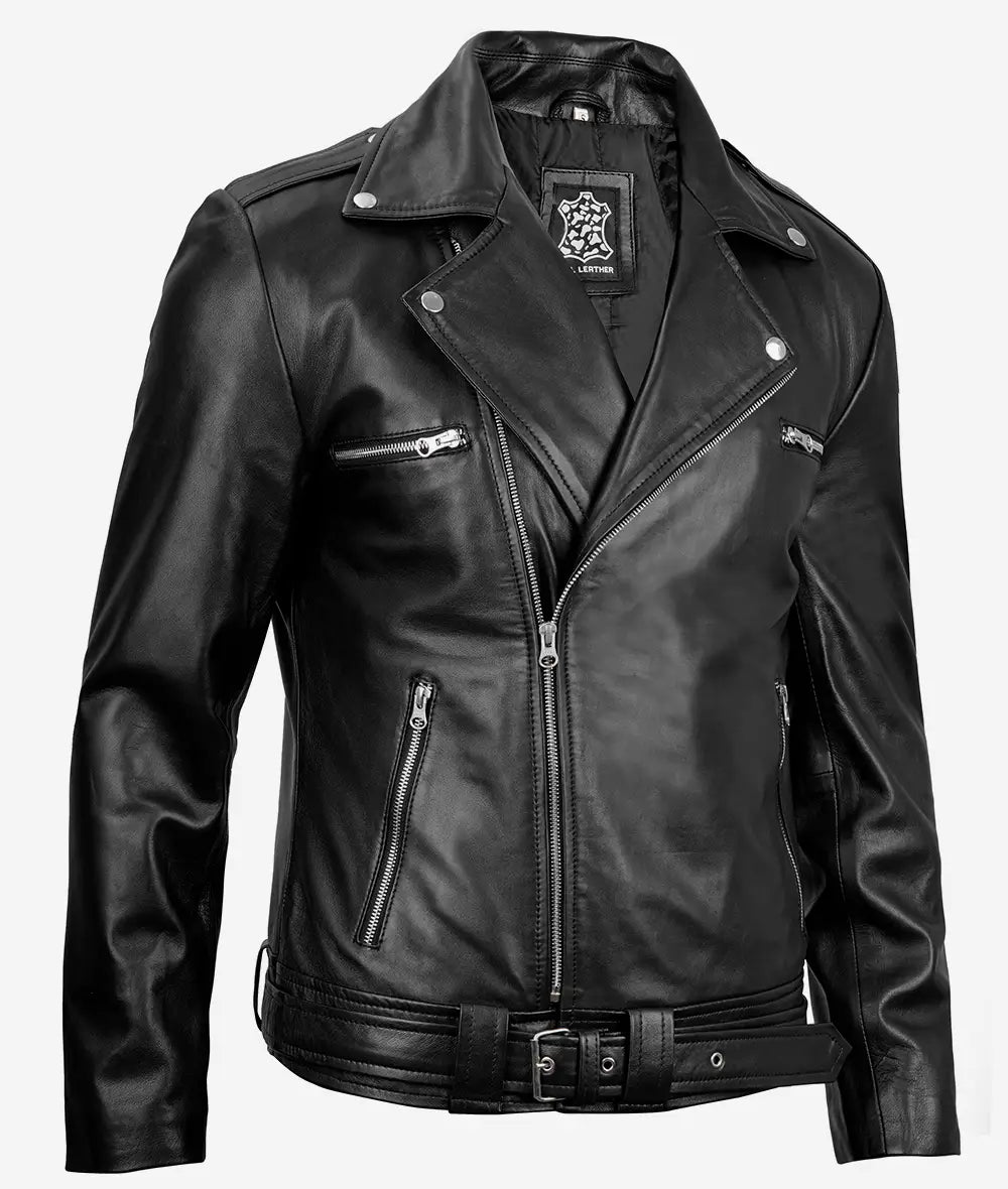 Black Asymmetrical Belted Moto Leather Jacket