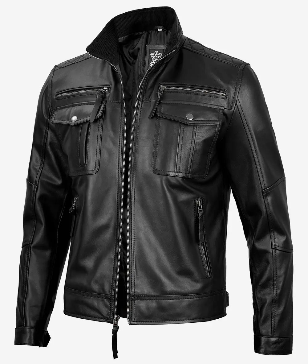 Moffit Black Leather Moto Jacket For Men
