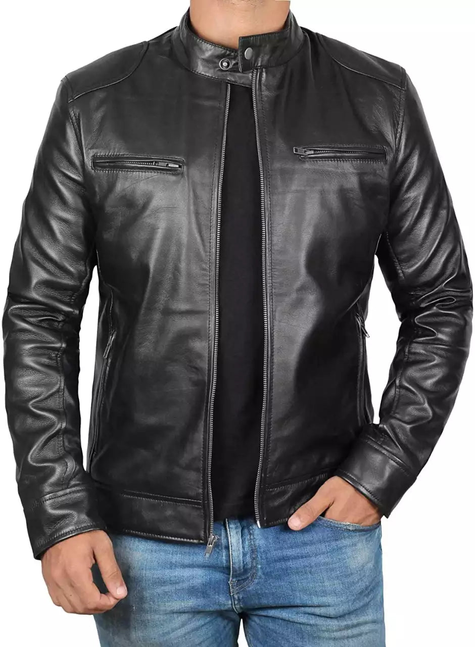 Mens Tall Black Leather Racer Jacket