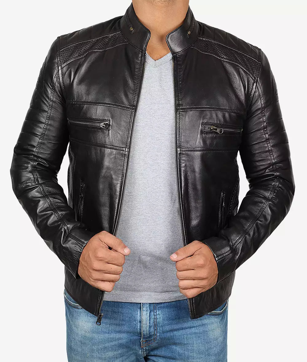 Mens Tall Black Cafe Racer Leather Jacket