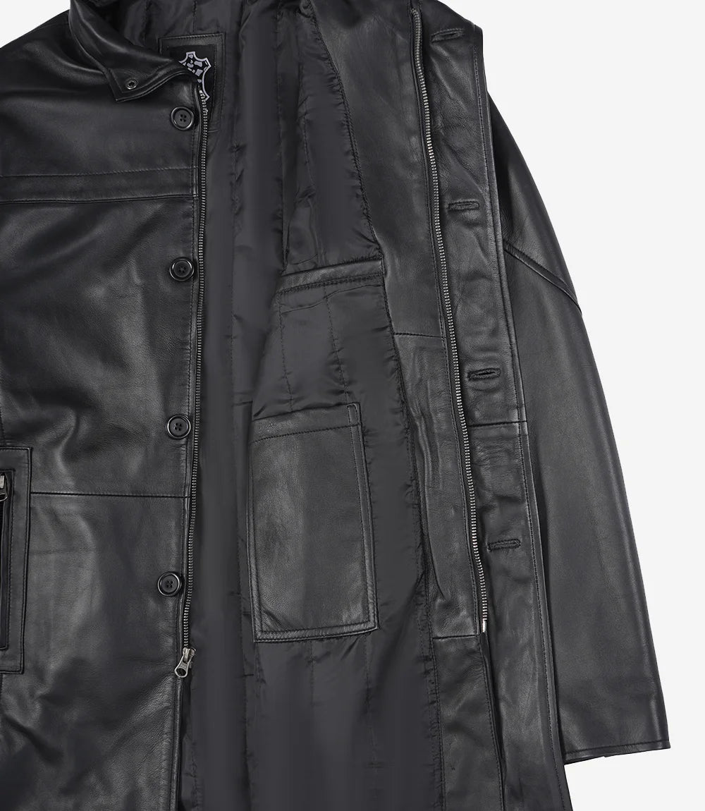 Mens Tall Black Leather Car Coat
