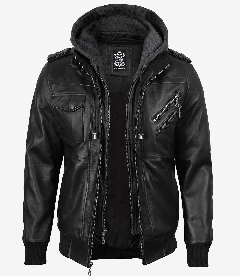 Men's Black Leather Jacket with Grey Removable Hood