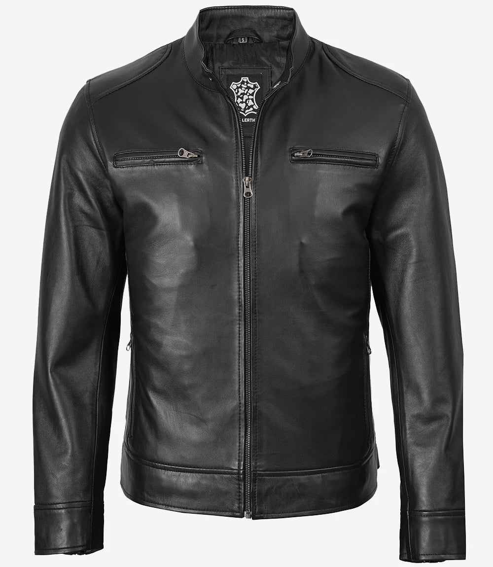 Men's Black Lambskin Leather Biker Style Jacket