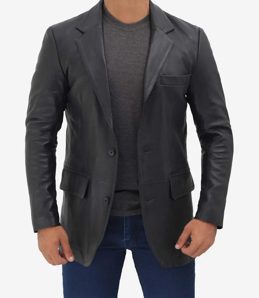 2 Buttons Leather Black Blazer for Men