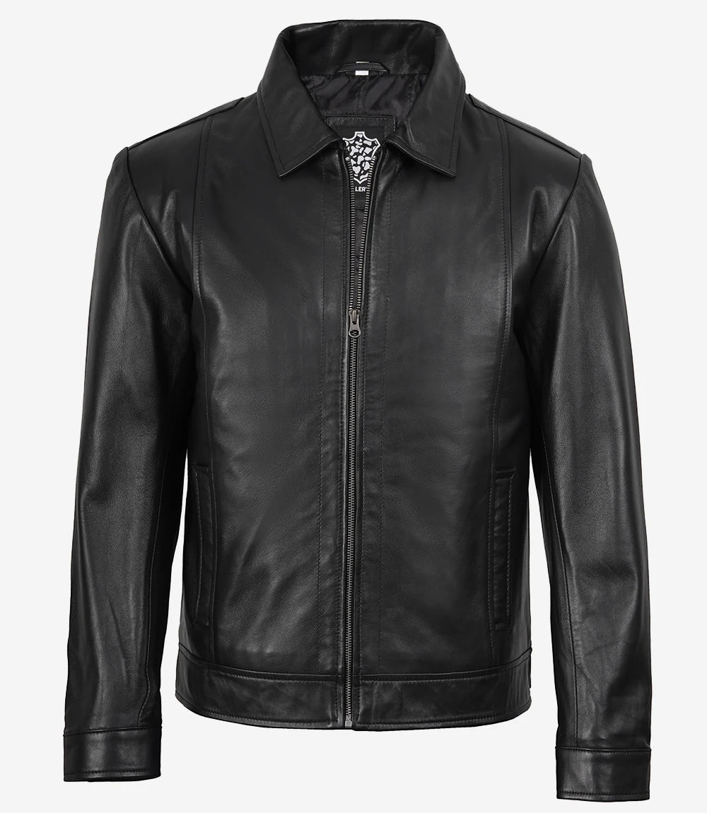 Reeves Men's Shirt Collar Black Harrington Leather Jacket