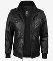 Men's Black Leather Jacket with Grey Removable Hood