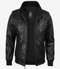Men's Black Leather Jacket with Grey Removable Hood
