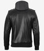 Men's Black Leather Jacket with Grey Removable Hood