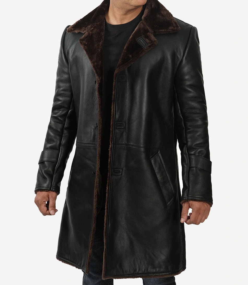 Mens Shearling Lined 3 4 Length Leather Coat