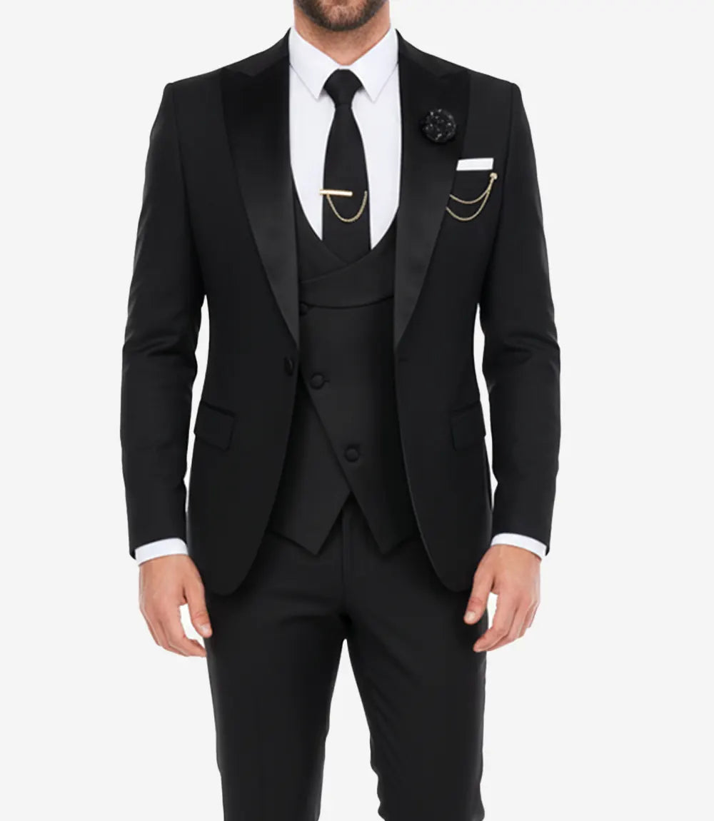 Men's Slim Fit Peak Lapel Black 3-Piece Tuxedo