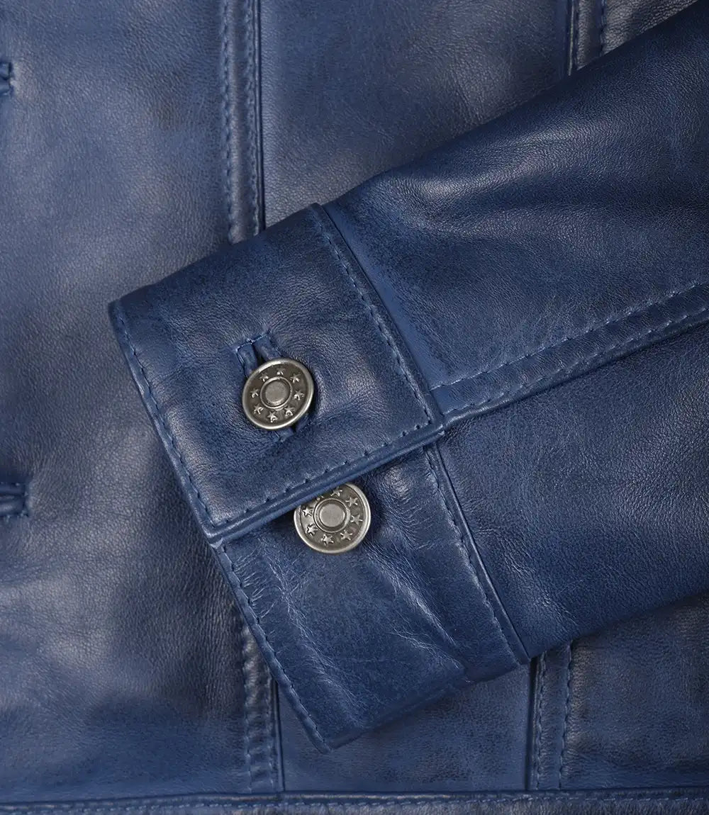 Mens Real Lambskin Leather Blue Waxed Trucker Jacket