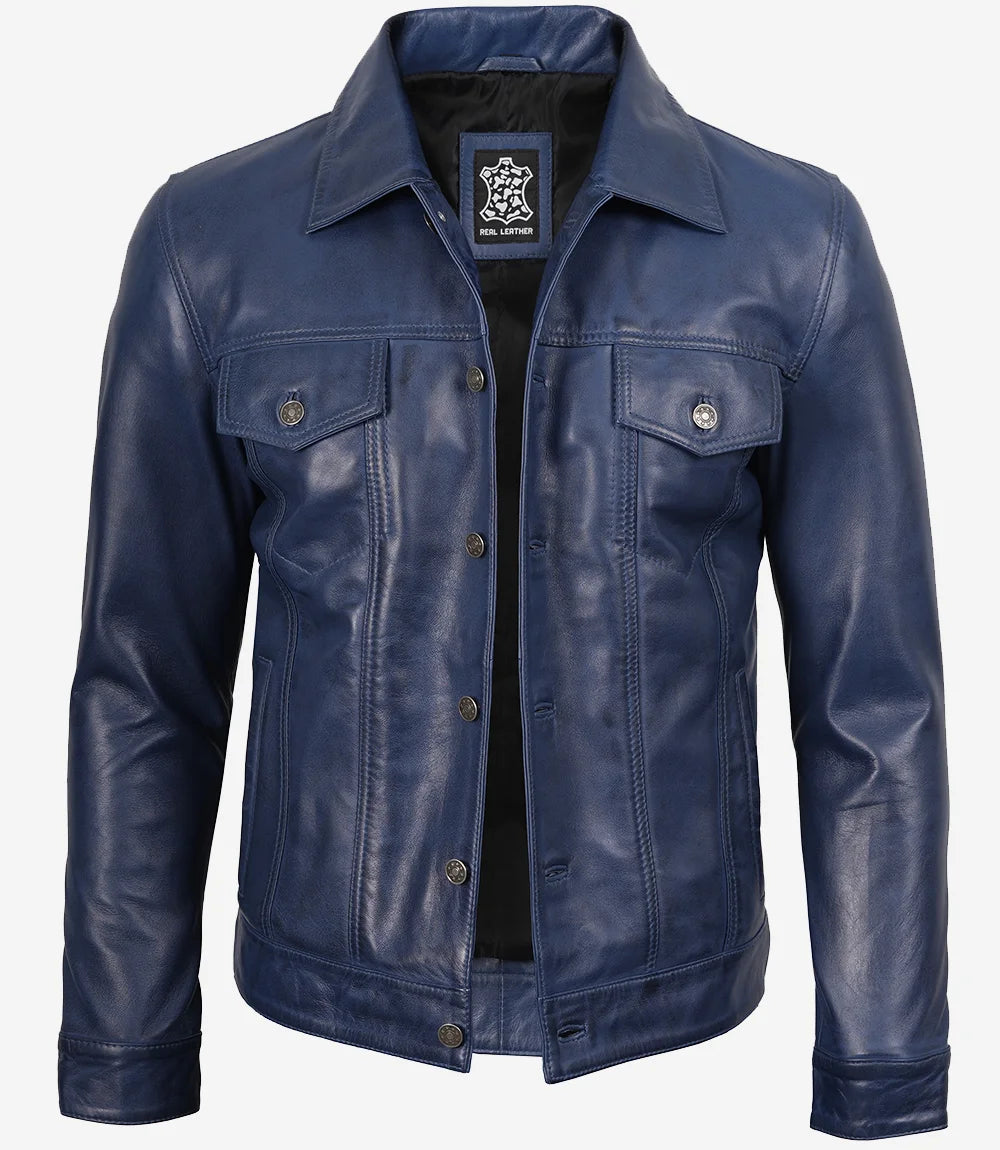 Mens Real Lambskin Leather Blue Waxed Trucker Jacket