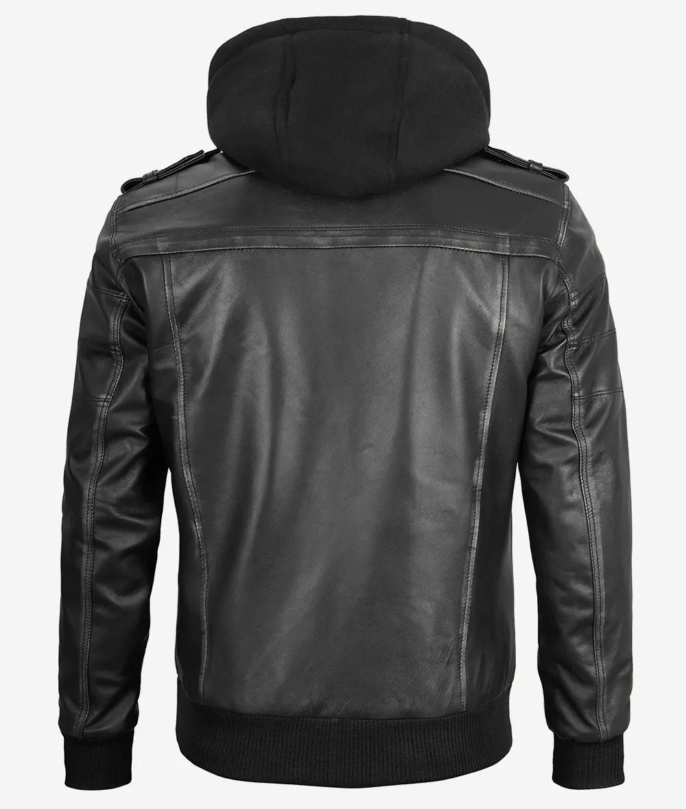 Mens Grey Leather Bomber Jacket With Removable Hood