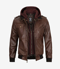 Mens Real Leather Dark Brown Bomber Jacket With Removable Hood