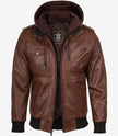 Mens Cognac Leather Bomber Jacket With Removable Hood