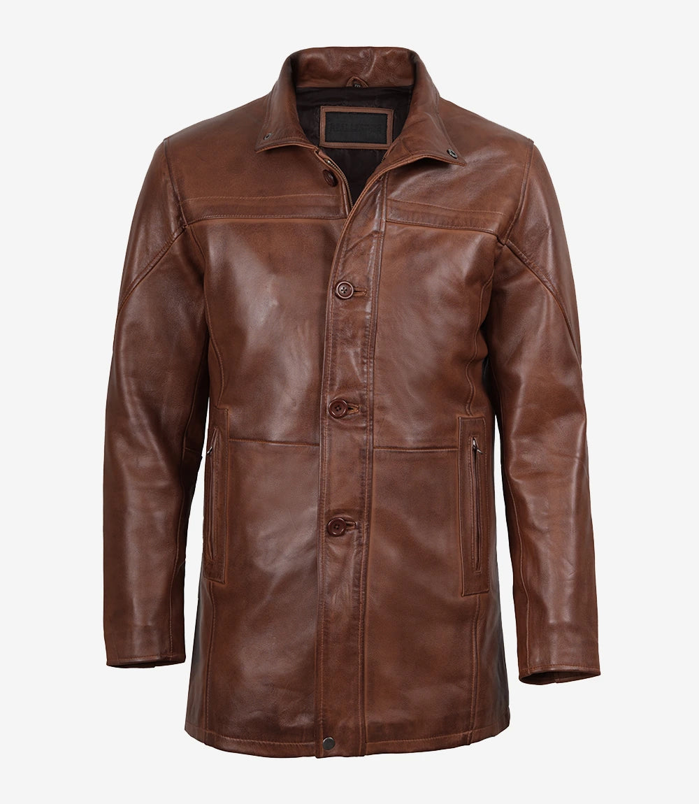 Mens Brown Leather Car Coat